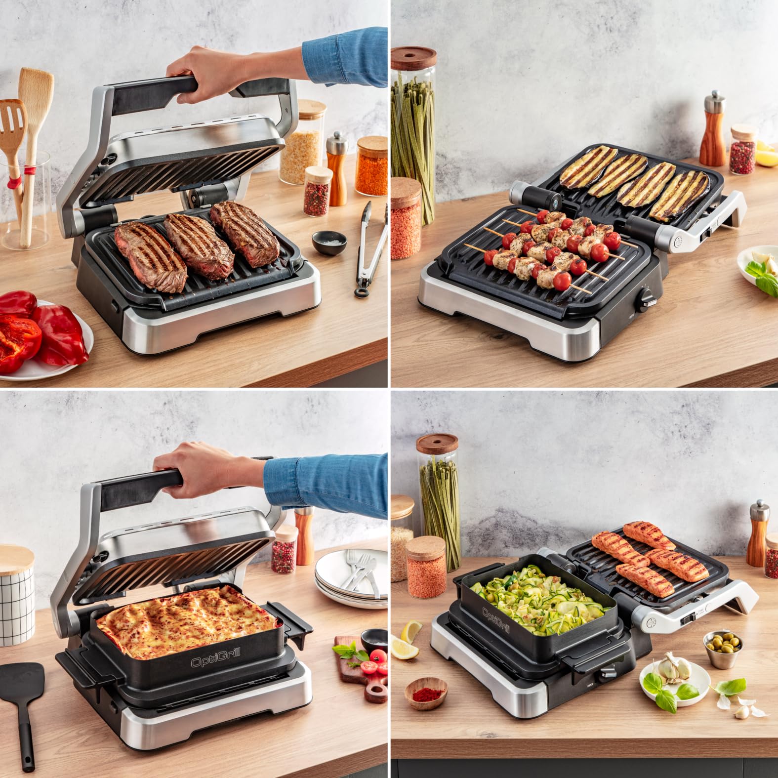 Tefal OptiGrill GC776D10 - Griglia a contatto 4 in 1 con vassoio, apribile, 9 programmi, indicatore del livello di cottura, griglia elettrica, forno, in acciaio inox/nero