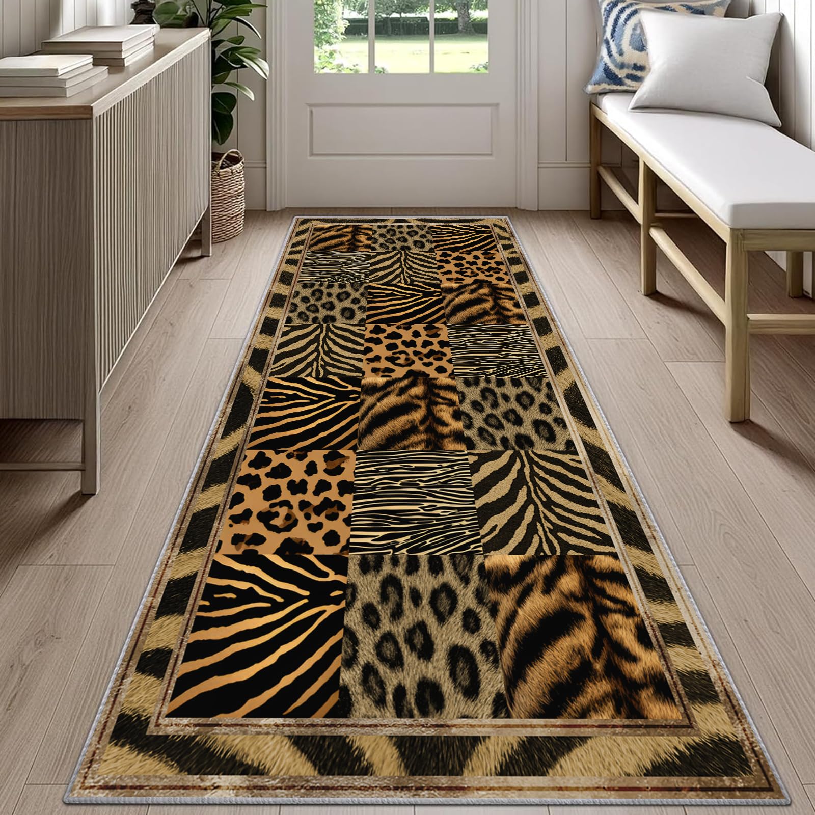 Rustic Cabin Cheetah Print Carpet Runners for Hallways 60x240cm Leopard Patchwork Carpet Runner, Tiger Print Long Area Rug, Machine Washable Rug for High Traffic Areas in Hallway