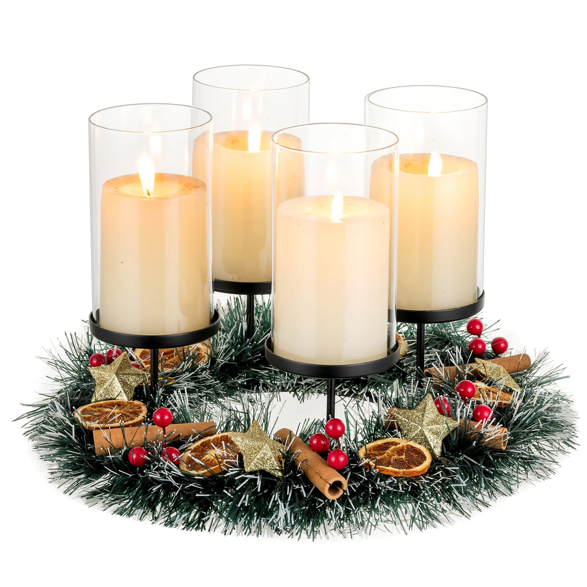 Hewory Portacandele dell'Avvento, decorazione natalizia, in metallo, colore nero, con cilindro in vetro, per candele dell'Avvento, portacandele in vetro per decorazioni natalizie
