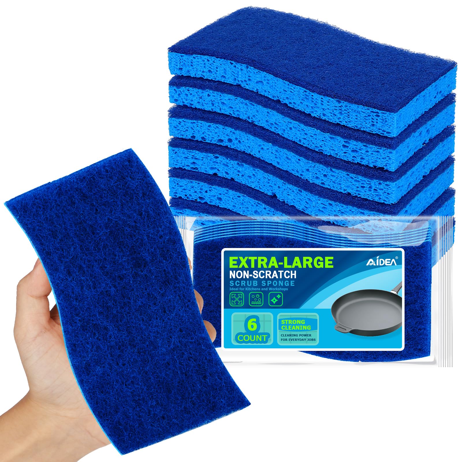 AIDEA XL Scrub Sponges Non-Scratch 6Count Extra Large Sponges Kitchen Sponge for Dishes Cleans Fast Without Scratching Safe