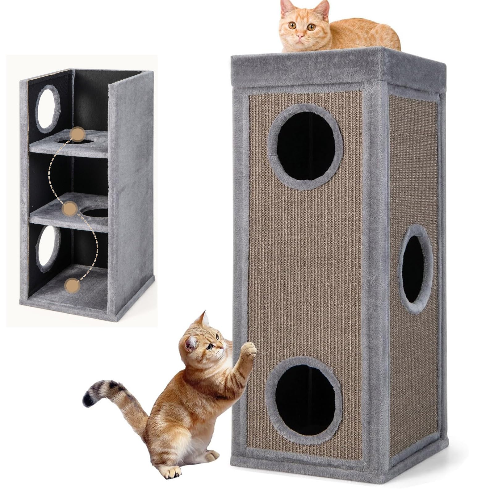GYMAX Kratztonne 40 x 40 x 99 cm, 4-stöckige Katzentonne mit 3 Höhlen, abnehmbare Plüschkissen & 2 Kratzbretter, Stabiler Kratzbaum für kleine & große Katzen (Grau)