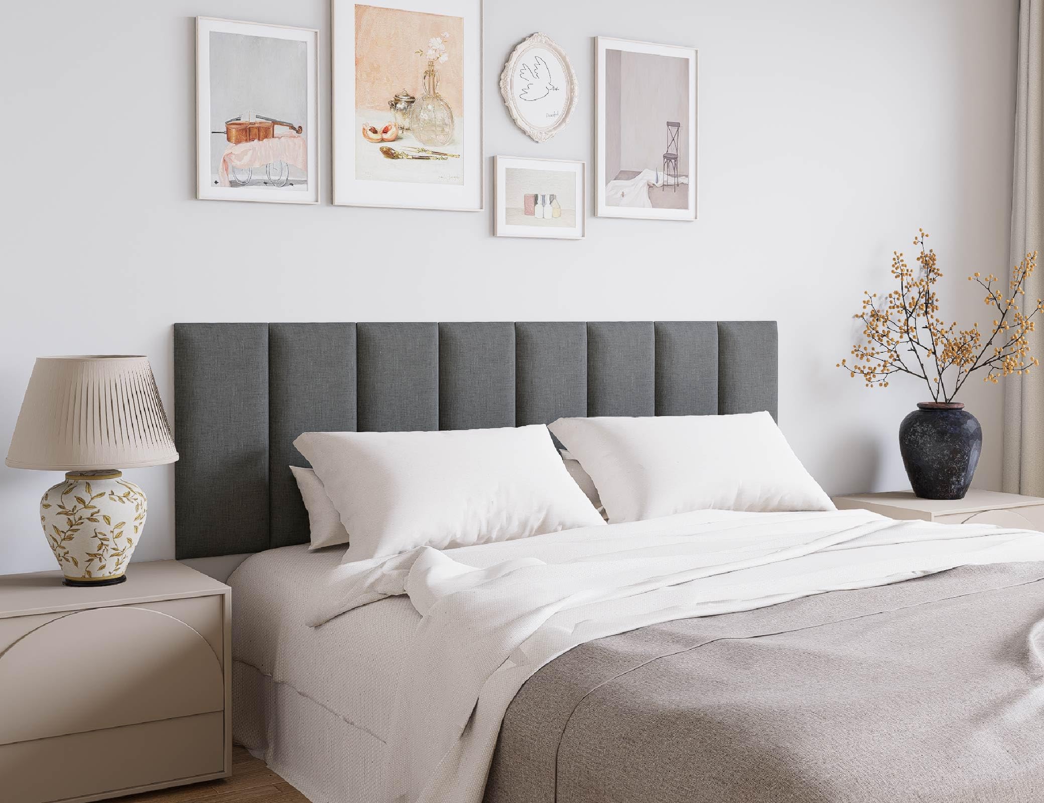 Cabecera tapizada para montar en la pared, cabecero tapizado de tela con 9 paneles, cabeceros de pared interiores para dormitorio, 10 x 24 pulgadas, color gris oscuro 3