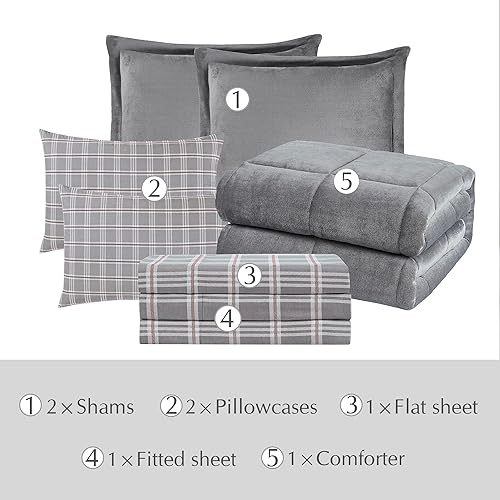 Miniatura 6 de MAIREVE - Juego de edredón de lujo de tamaño matrimonial, juego de ropa de cama de franela gris de 7 piezas tamaño matrimonial, edredones de felpa