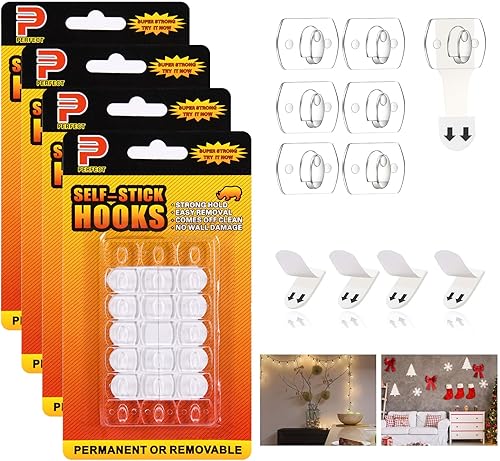 Miniatura 8 de Paquete de 4 mini clips de luz para interiores, ganchos de cadena de luces colgantes de Navidad sin daños con tiras adhesivas, clips de pared