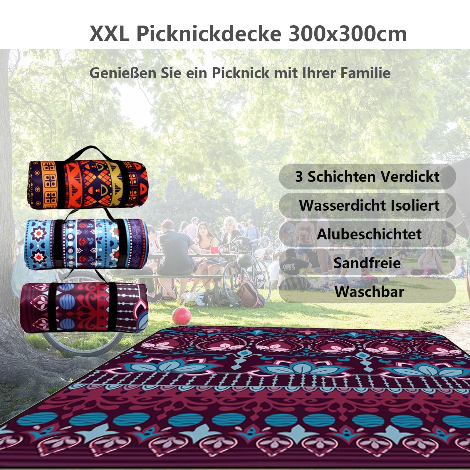 Bardzo duży koc piknikowy 300 x 300, składany i przenośny koc piknikowy, wodoodporny, 3-warstwowy gruby, duży dywan namiotowy z paskiem do noszenia, na kemping, do parku, ogrodu, można prać w pralce, E