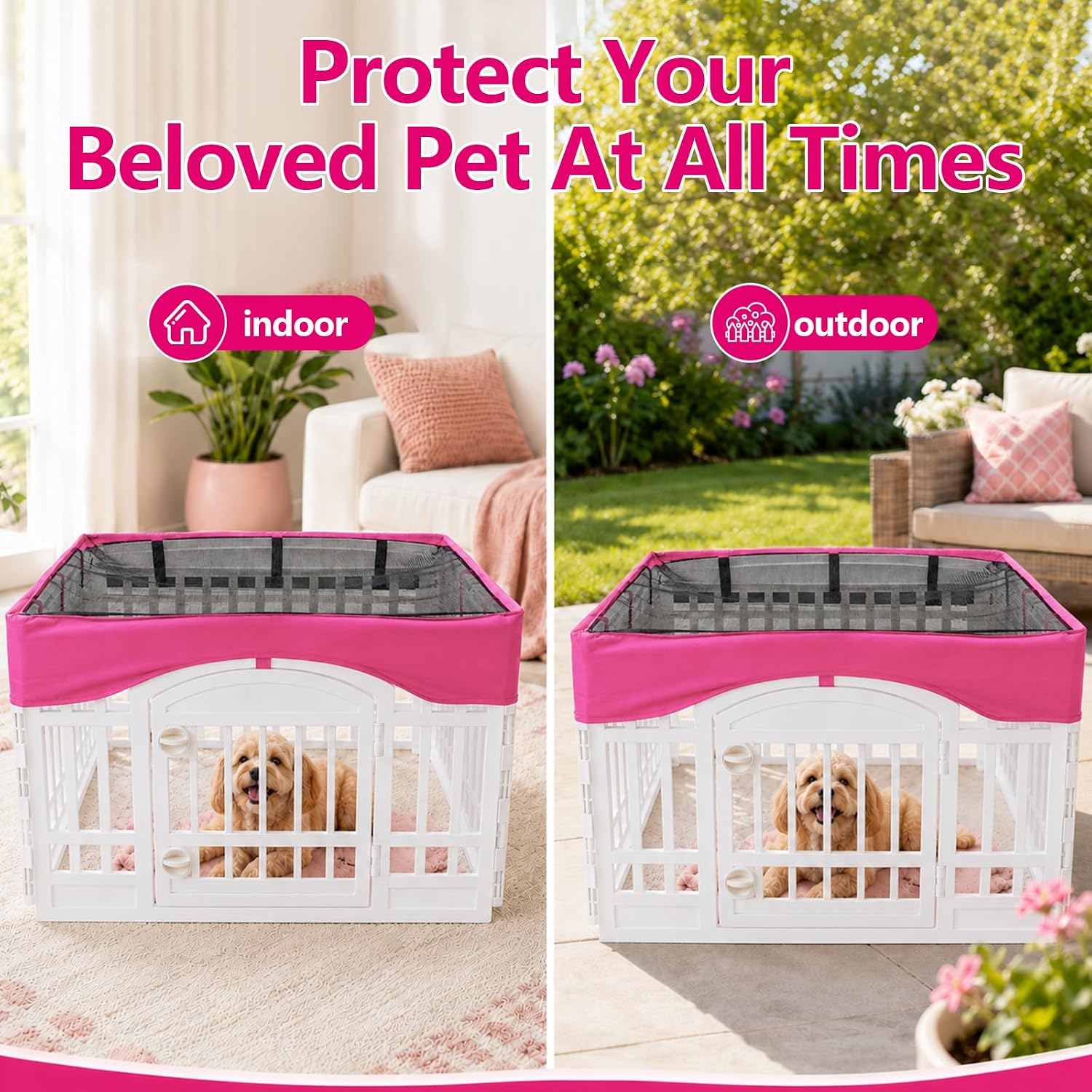 Dog Playpen Mesh Top Cover Fits 36 Inch 4-Panel Pet Play Pen,Pink