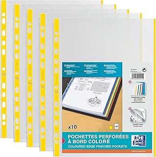 OXFORD – Lote de 100 fundas perforadas con banda y bordes de colores, A4, poliéster, lisa, grosor 9/100ª, color amarillo