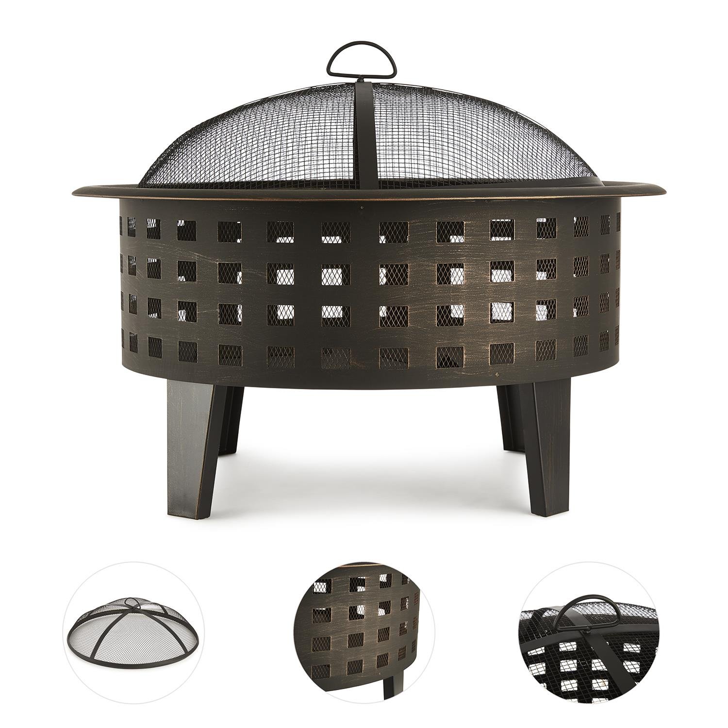 blumfeldt Boston palenisko, ogrzewanie zewnętrzne, grill, Ø 70 cm, stal, wzór w płytkach, elegancki, wysokiej jakości wytrzymały metal, pogrzebacz, siatka przeciwiskrowa - czarny