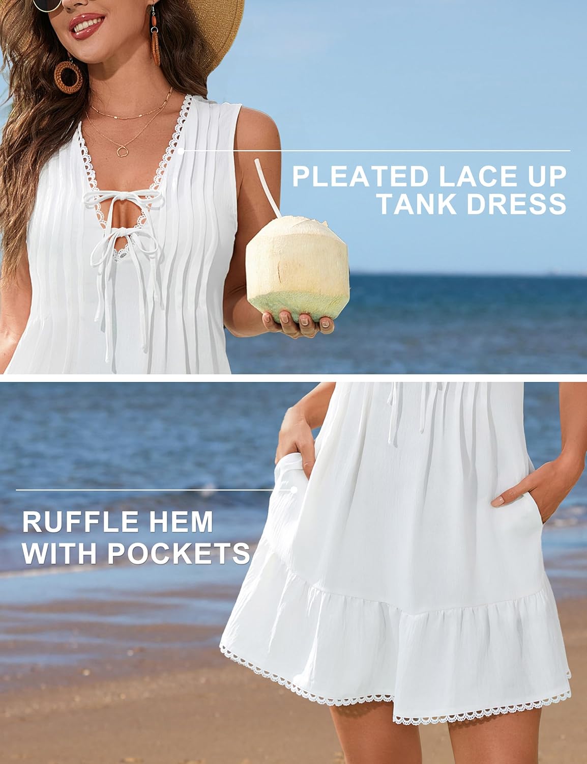 Blooming Jelly Womens Bathing Suit Cover Up Pleated Lace Up Swim Beach Dress Flower Trim Swimsuit Coverup with Pockets(Hot Pink,L) - Image 2