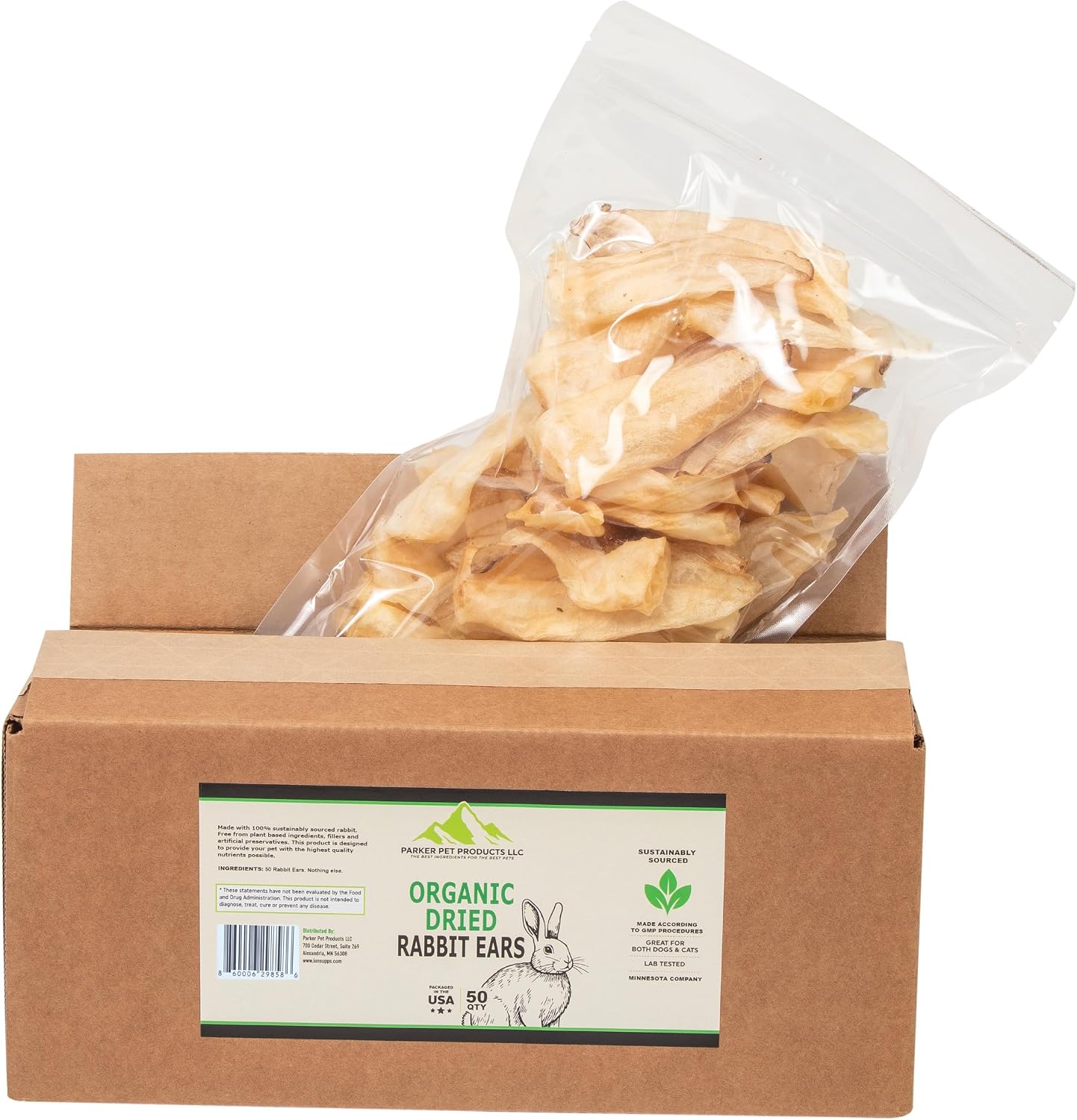 Organic Rabbit Ears, 50 Count, No Fur, Dried, Single Ingredient Pet Treats, Goes with Dog and Cat Food, Alternative to Cow and Pig Ears, Coat and Skin Vitality