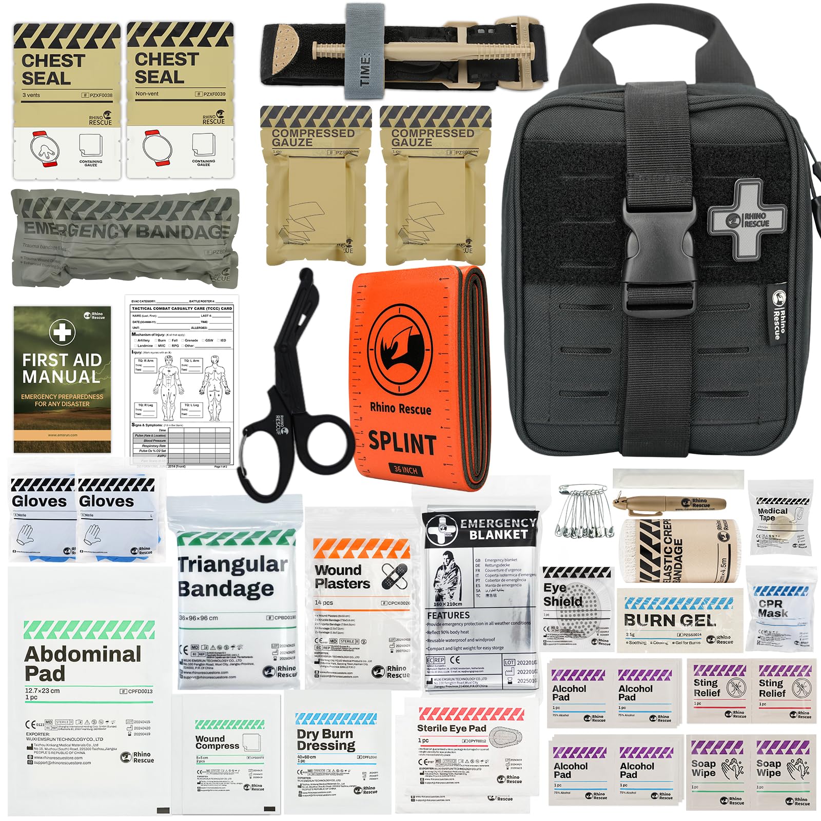RHINO RESCUE IFAK, Erste-Hilfe-Kit, Trauma Notfallversorgung taktische mit Gaze und Bandage für Jagd, Camping, Reisen (Schwarz PRO)
