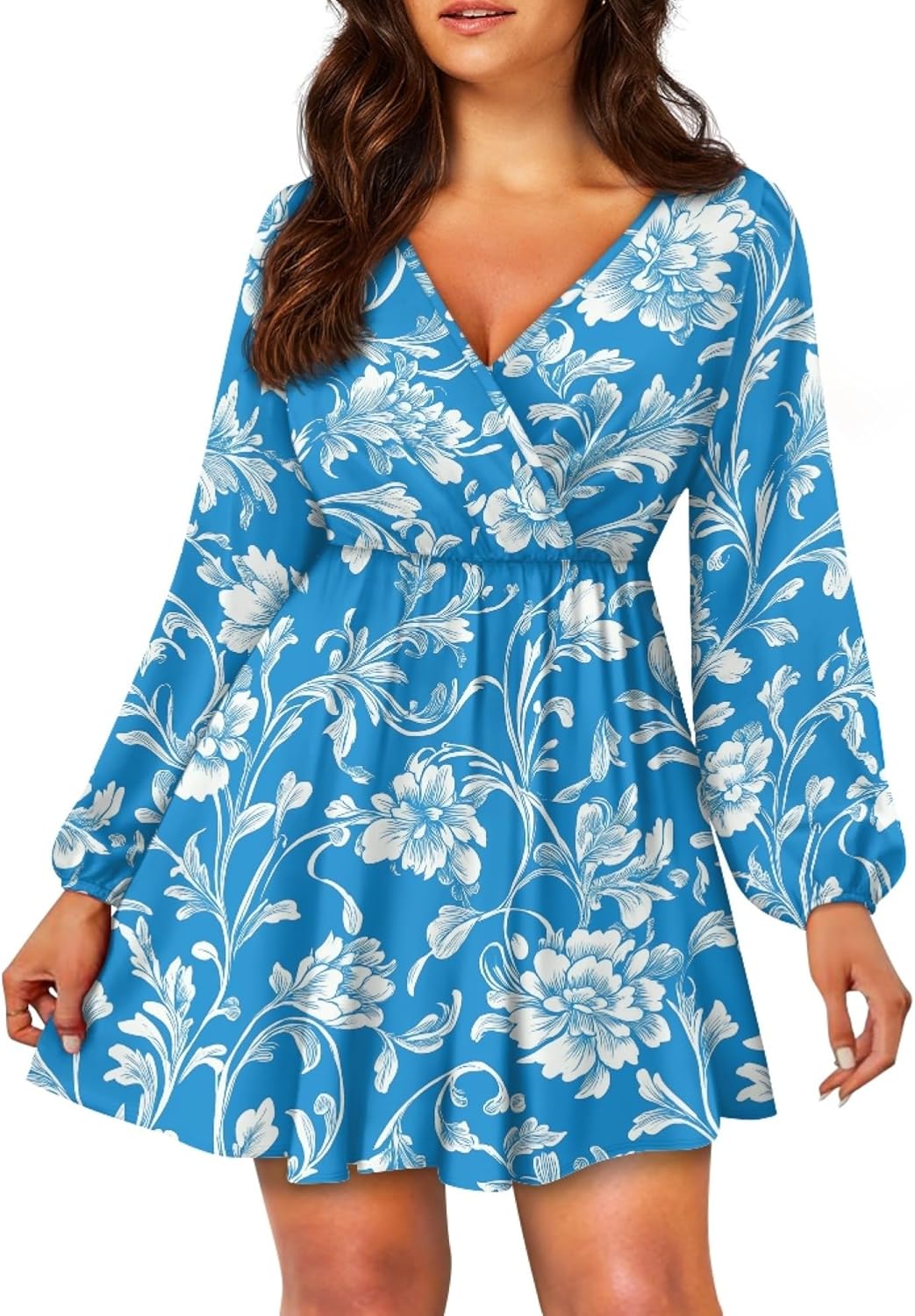 Lantern Sleeve Dress for Women Floral 2025 Fashion Empire Waist Swing Flowy Ruffle V Neck A Line Holiday Mini Dress