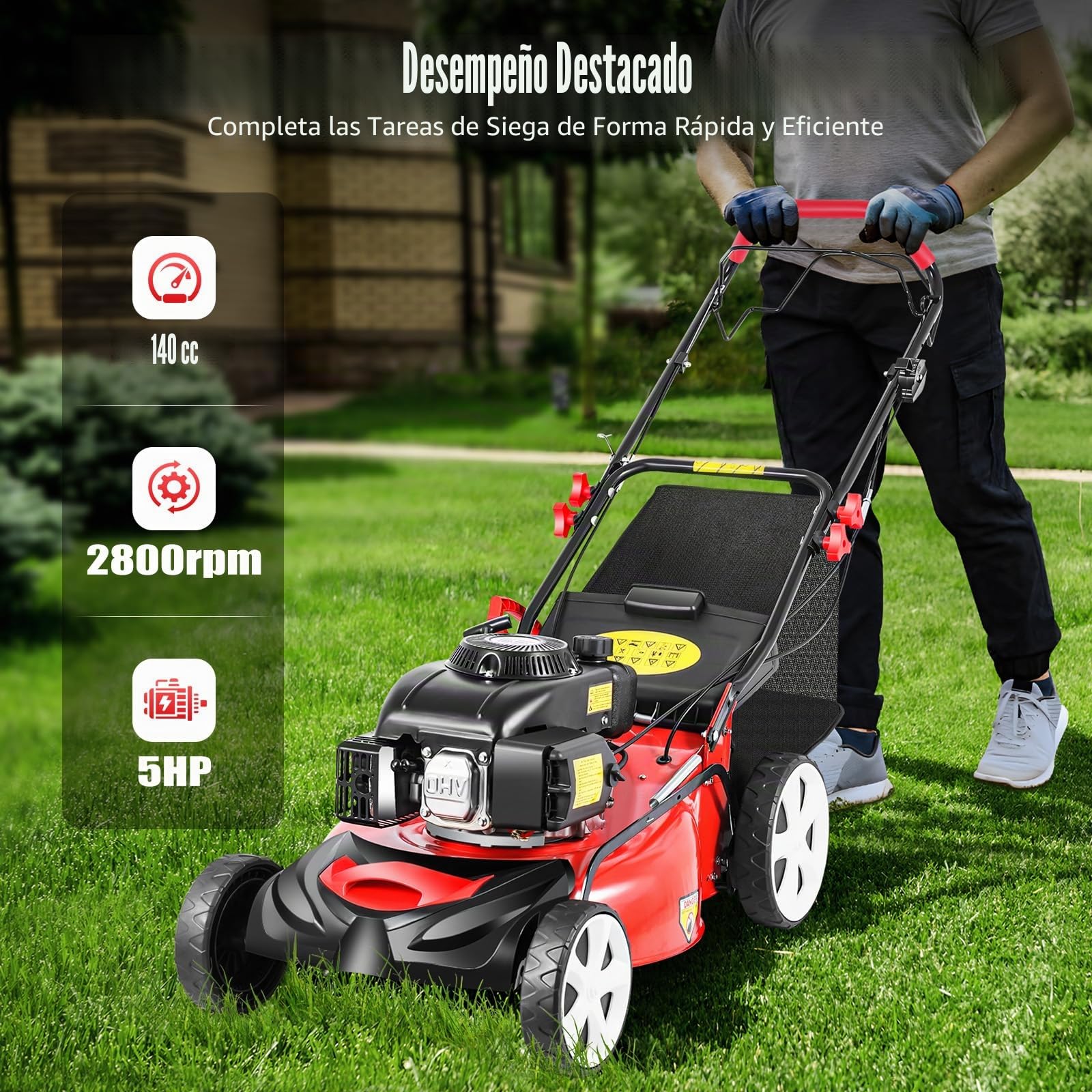 Cortacésped, Mower, cortacésped de gasolina, ajuste de altura de nivel 8, motor de gasolina de 140 cc de cuatro tiempos, 2800 rpm, ancho de corte puede ser de 51 cm