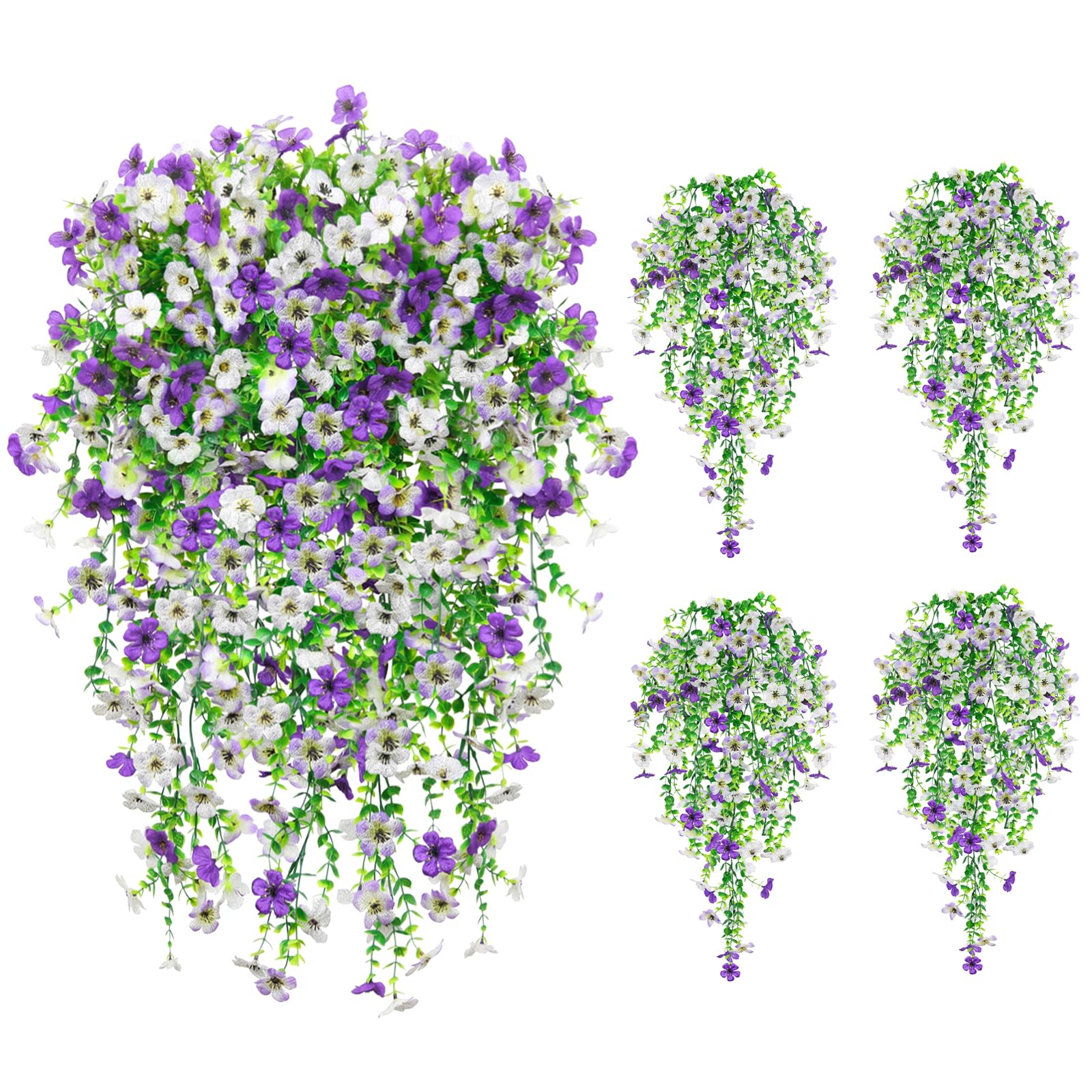 Artificial Flowers for Outdoors,8PCS Hanging Outdoor Faux Plants,UV Resistant Fake Flowers for Outdoor Planters,Realistic Fake Plants Spring Decor for Porch,Patio,Yard (PurpleWhite)