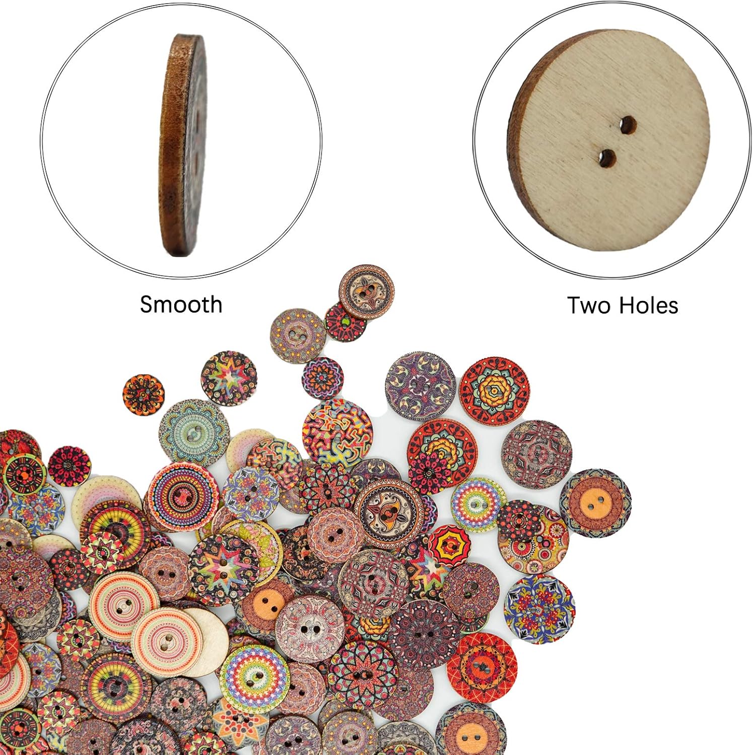 300Pcs Vintage Wooden Buttons with Various Flower Patterns Mixed Sizes 2 Holes and 50 Butterfly Craft Supplies Fit for DIY Sewing Handmade Crafts Clothes Decorations 0.6/0.78/1inch
