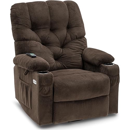 MCombo Electric Power Swivel Glider Rocker Recliner Chair with Cup Holders for Nursery, Hand Remote Control, USB Ports, 2 Side & Front Pockets, Plush Fabric 7797 (Brown)