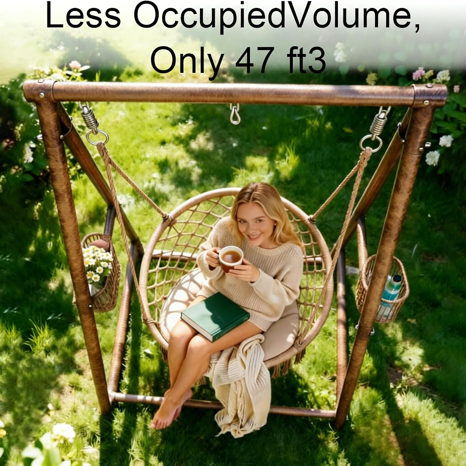 Heavy Duty Hammock Chair Stand, 350 LBS Steel Frame with Triangular Structure, Hanging Stand for Egg Chair & Swing Chair, 3 Hooks & 2 Storage Baskets for Indoor Outdoor (Stand Only, Brown)