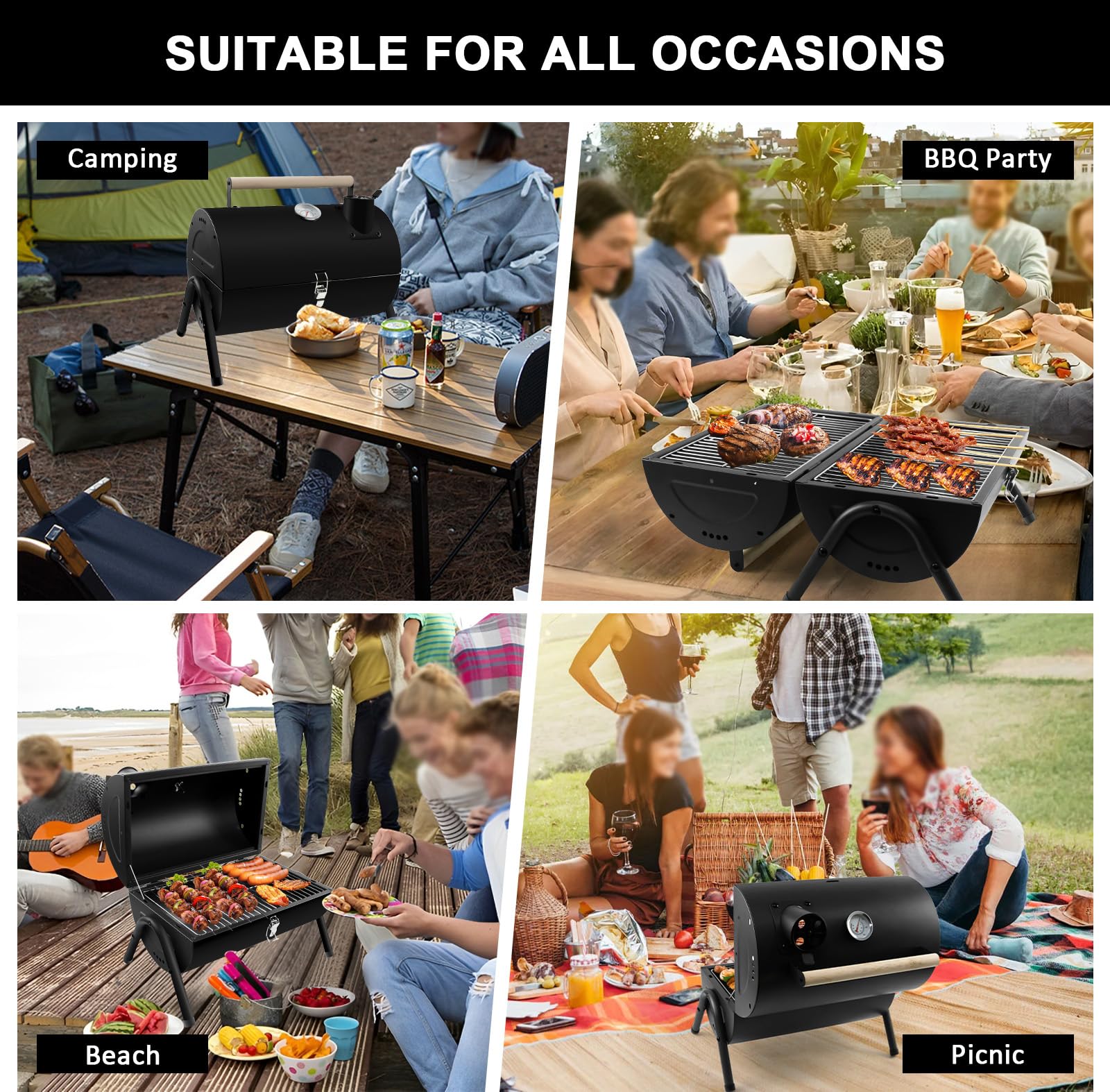 Barbecue Charbon Portable 2 en 1 Noir | avec Thermomètre, robuste, facile à transporter, pour jardin balcon voyage camping