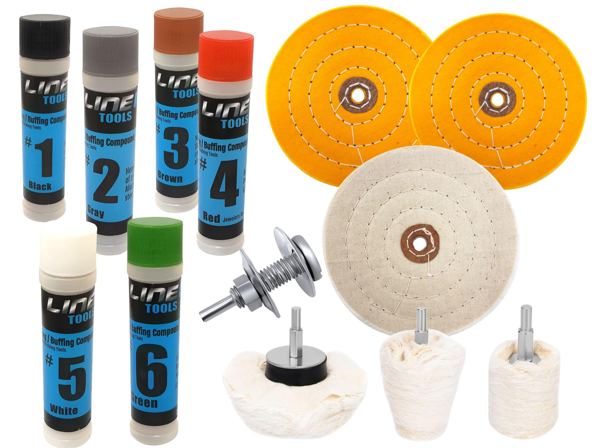 LINE10 Tools Kit di lucidatura in metallo da 15,2 cm per trapano, 6 ruote lucidanti e tamponi per trapano con adattatori, smerigliatrici da banco, ruote in alluminio mag, acciaio inossidabile, cromato
