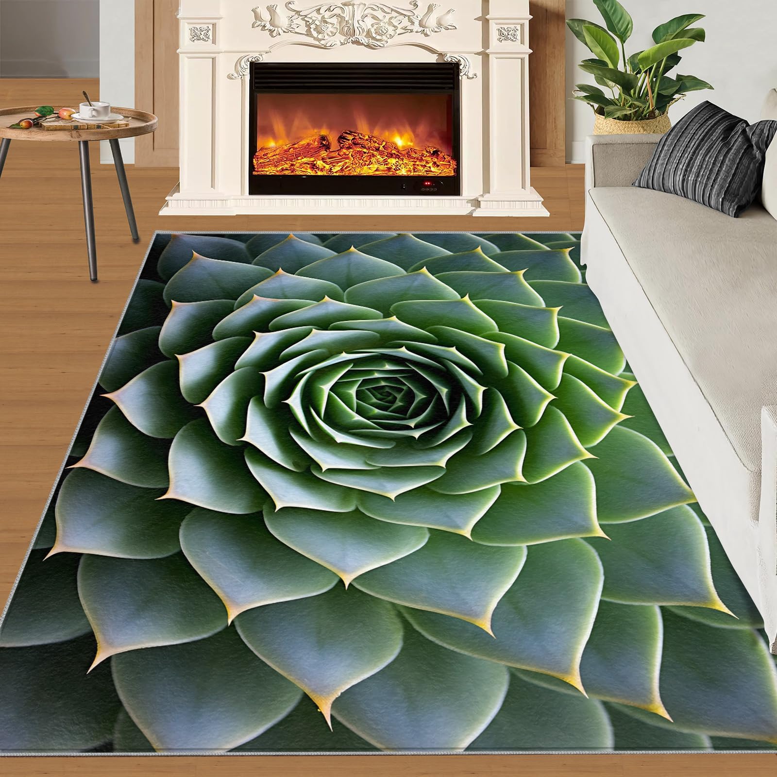 SANSJI Cactus Rugs for Girls Bedroom 180x200 cm, Non-Slip Washable Succulent Plant Design Area Rug for Women, Soft Low-Pile Western Tropical Carpet, Sage Green Style