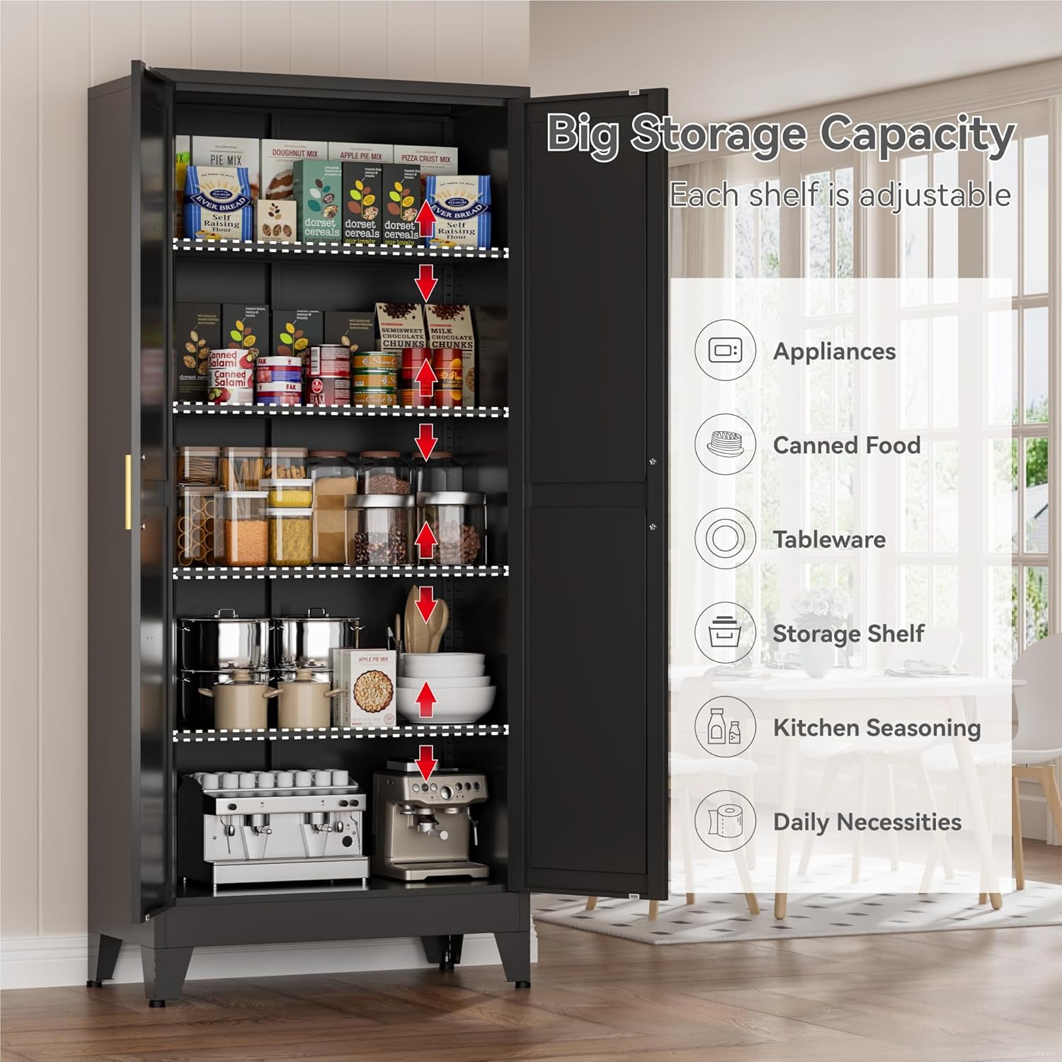 Metal Kitchen Pantry Cabinet,71" Black Farmhouse Storage Cabinet with 2 Vintage Barn Doors and 4 Adjustable Shelves, Rustic Freestanding Cupboard for Kitchen,Home Office Living Room,Dining Room