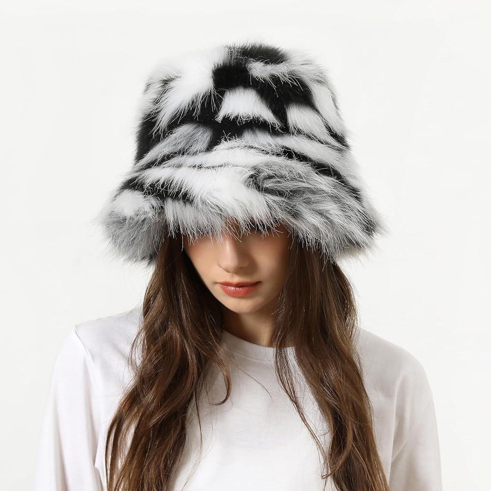 AMTFBY Faux Fur Bucket Hats Fuzzy Warm Winter Hat Multicolor Wide