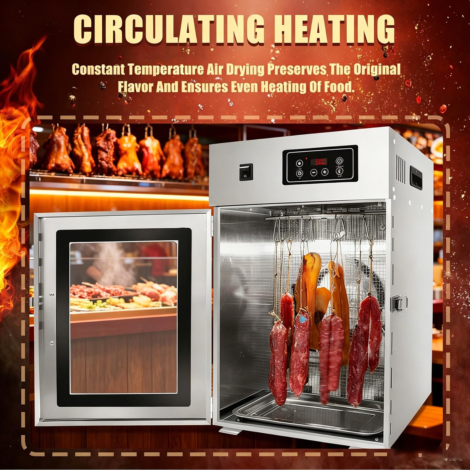 Fleischreifeschrank, Reifeschrank Für Fleisch, 360°-Drehung,Dry Aged Reifeschrank Mit 14 Haken, Temperaturregelung 30-90℃ Und 24-Stunden-Timer Für Trockenfleisch, Wurst