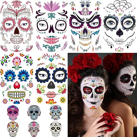 12 Sheets Halloween Face Tattoos Day of the Dead Face Sugar Skull Tattoos, Including 6 Large Sheets Halloween Sugar Skull Temporary Face Tattoos