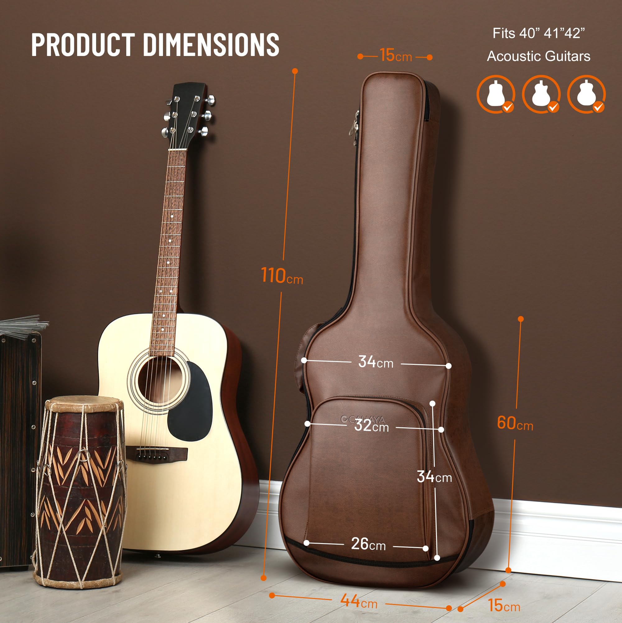 CAHAYA Housse de Guitare Acoustique en polyuréthane: Imperméable avec Rembourrage Respirant 15 mm - Double Fermeture éclair - pour Guitare 40 à 42 Pouces Marron