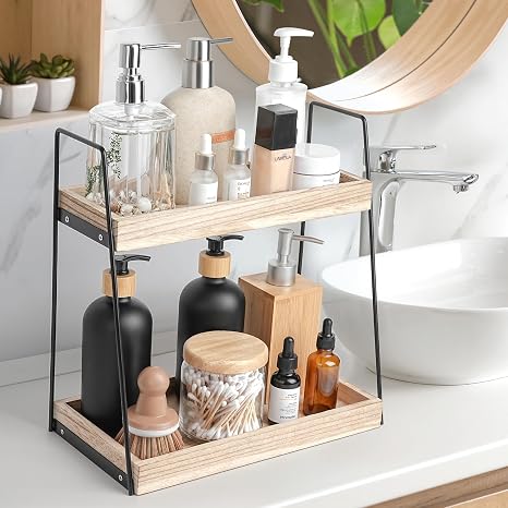 Dorhors Organisateur de comptoir de salle de bain à 3 niveaux, organisateur de salle de bain, organisateur de maquillage et cosmétiques, support de comptoir en bois pour salle de bain, commode
