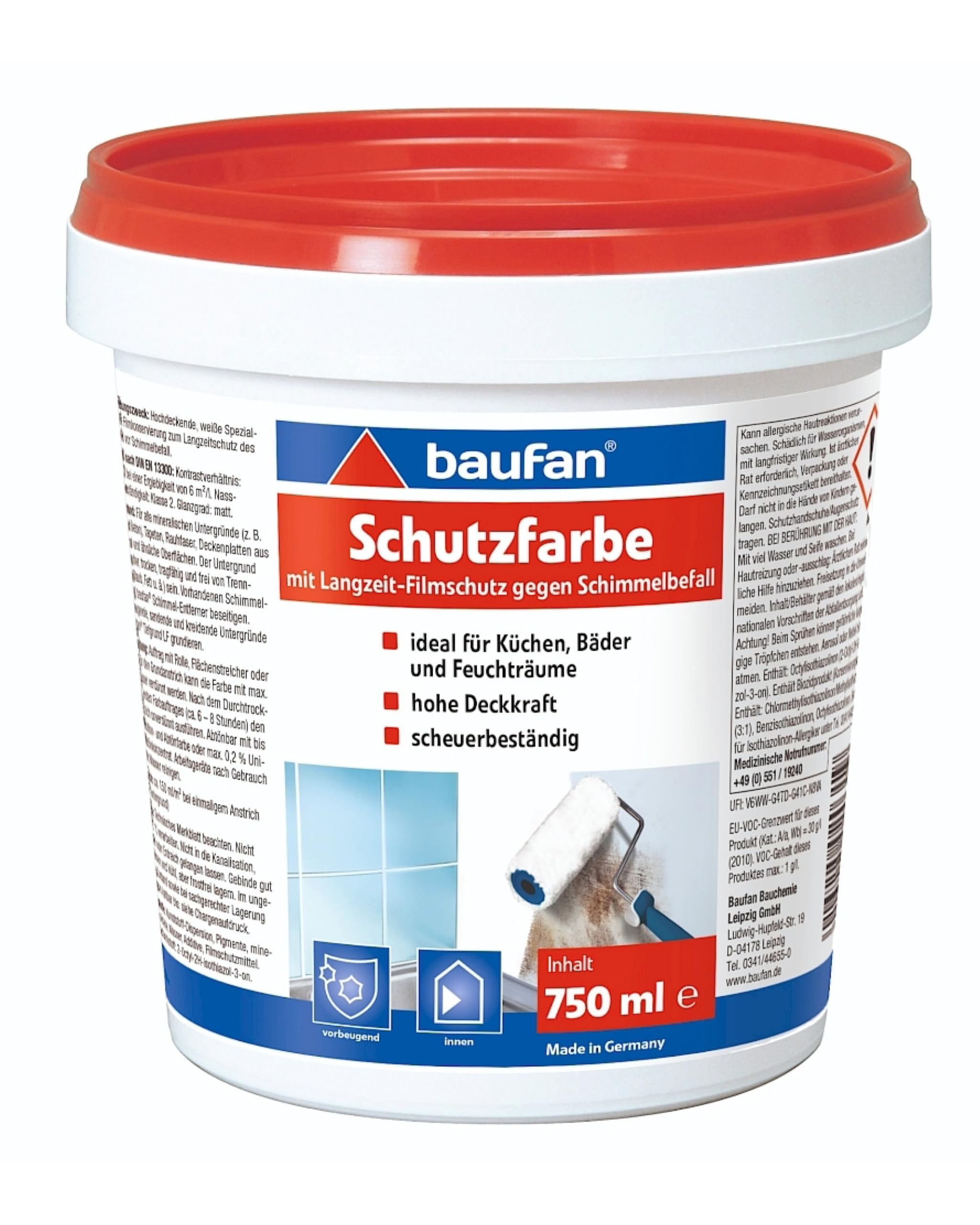 Baufan Schutzfarbe 750 ml | mit Langzeit-Schutzfilm | hohe Deckkraft | für innen | scheuerbeständig | für schimmelgefährdete Oberflächen