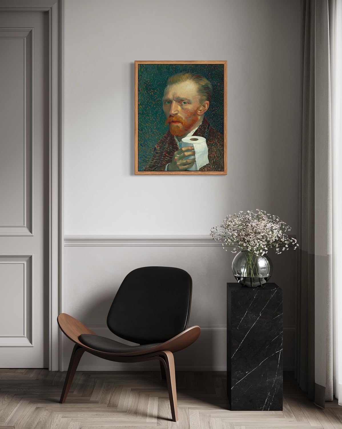 Vincent Van Gogh Portrait with Toilet Paper Poster Framed Art Print, Funny Humor Impressionist Painting Bathroom Bedroom Wall Art Decor Artwork A5 (Vincent Van Gogh Portrait with Toilet Paper, 10"L x 8"W, Wood Frame)