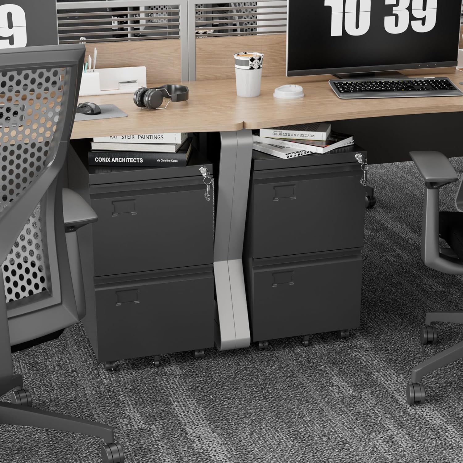 2 Drawers Metal File Cabinet with Lock, Under Desk Mobile Filing Storage Cabinet with Business Card Slot for Letter/Legal/F4/A4 Size Folders,Required Assembly,14.57"W x 17.36"D x 25.79"H,Black