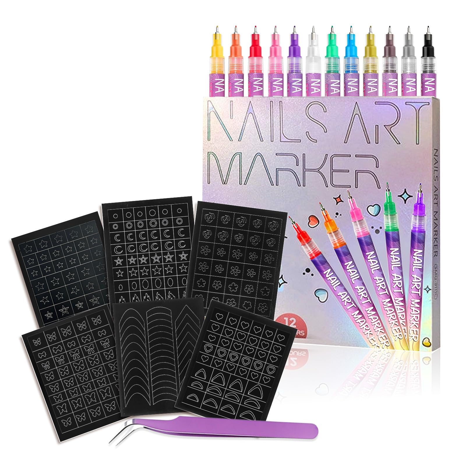 12 Colour Nail Art Pen Set with 6 Sheets Manicure Art Decals 0 5mm Colorful Nail Polish Pens