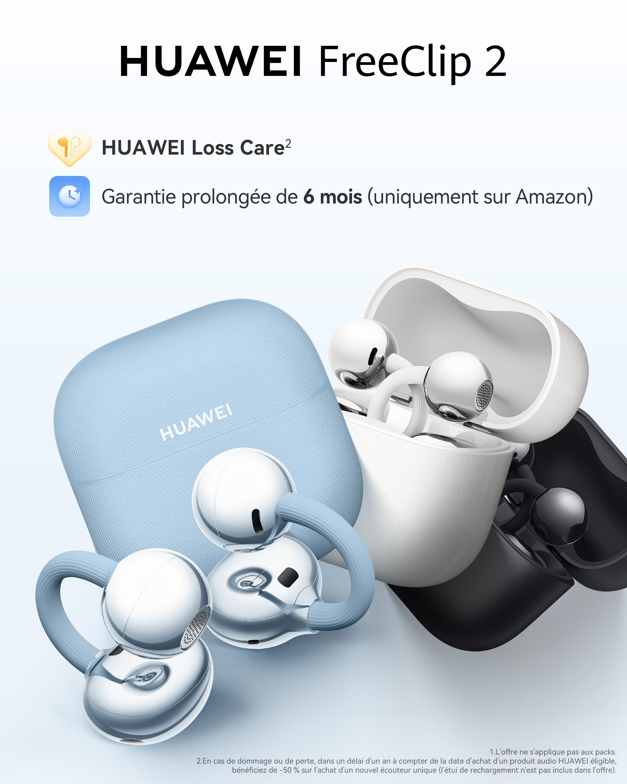 HUAWEI FreeClip 2 écouteurs Confortables sans Fil, Bluetooth, Écoute Ouverte adaptative, Appels d'une clarté cristalline, 38h Heures d'autonomie, iOS & Android, IP57, Noir, Garantie de 30 Mois