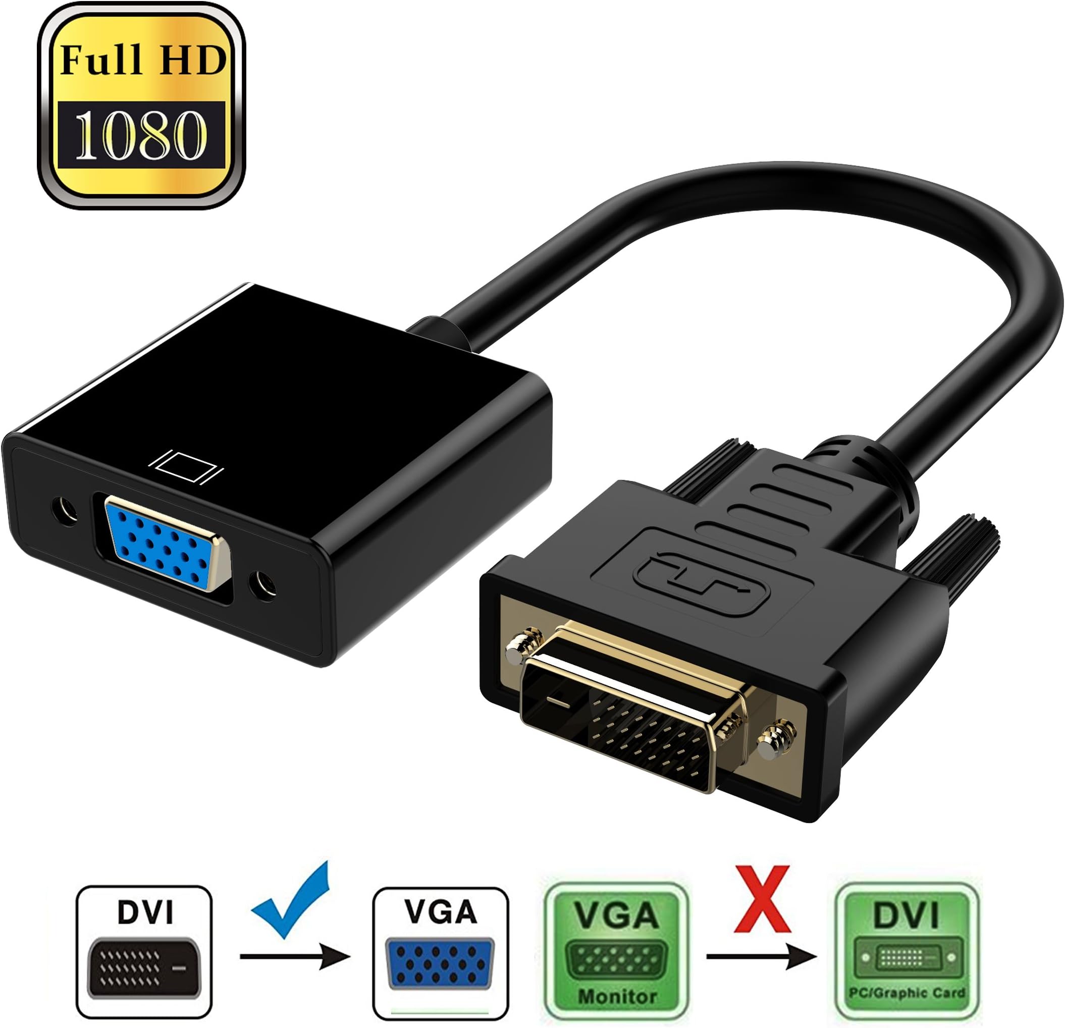 Elqizzx DVI to VGA Adapter, Active DVI 24+1 DVI-D Dual Link to VGA Male to Female 1080P Video Cable Converter for Gaming, DVD, Laptop, HDTV Projector and Other DVI Enabled Devices