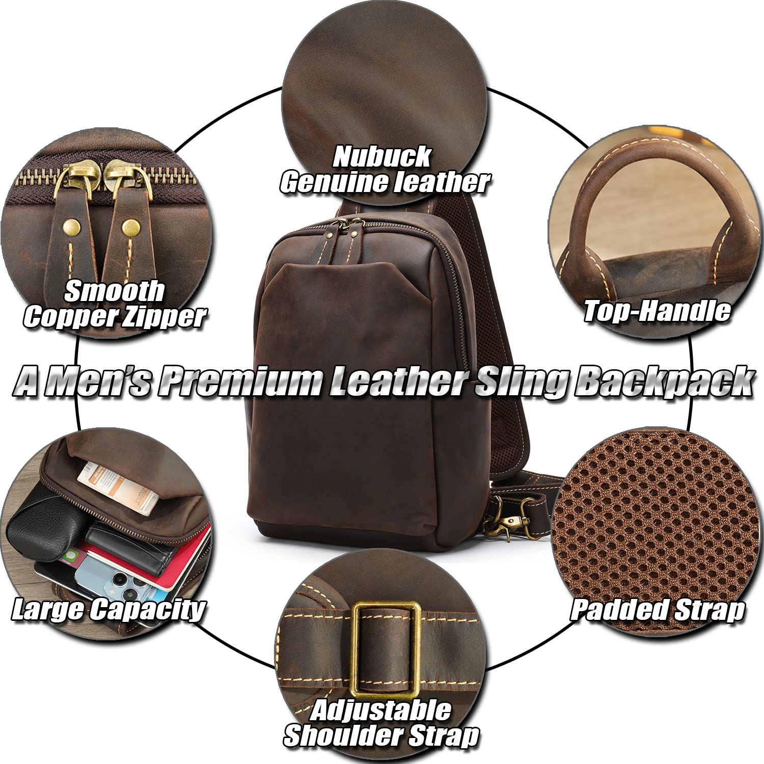 Zaino Monospalla Classico Uomo in Vera Pelle, Borsa a Tracolla Casual da Viaggio, Zainetto a Spalla da Uomo, Borse da Petto Vintage per Tablet da 10,5 Pollici