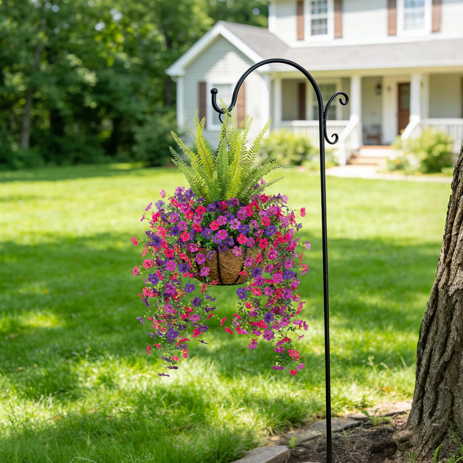Artificial Fake Hanging Flowers Plants for Outdoor Spring Decoration,3 PCS Faux Silk Daisy with Boston Ferns,UV Resistant Look Real for Outside Home Indoor Planter Porch Patio Balcony Yard Decor