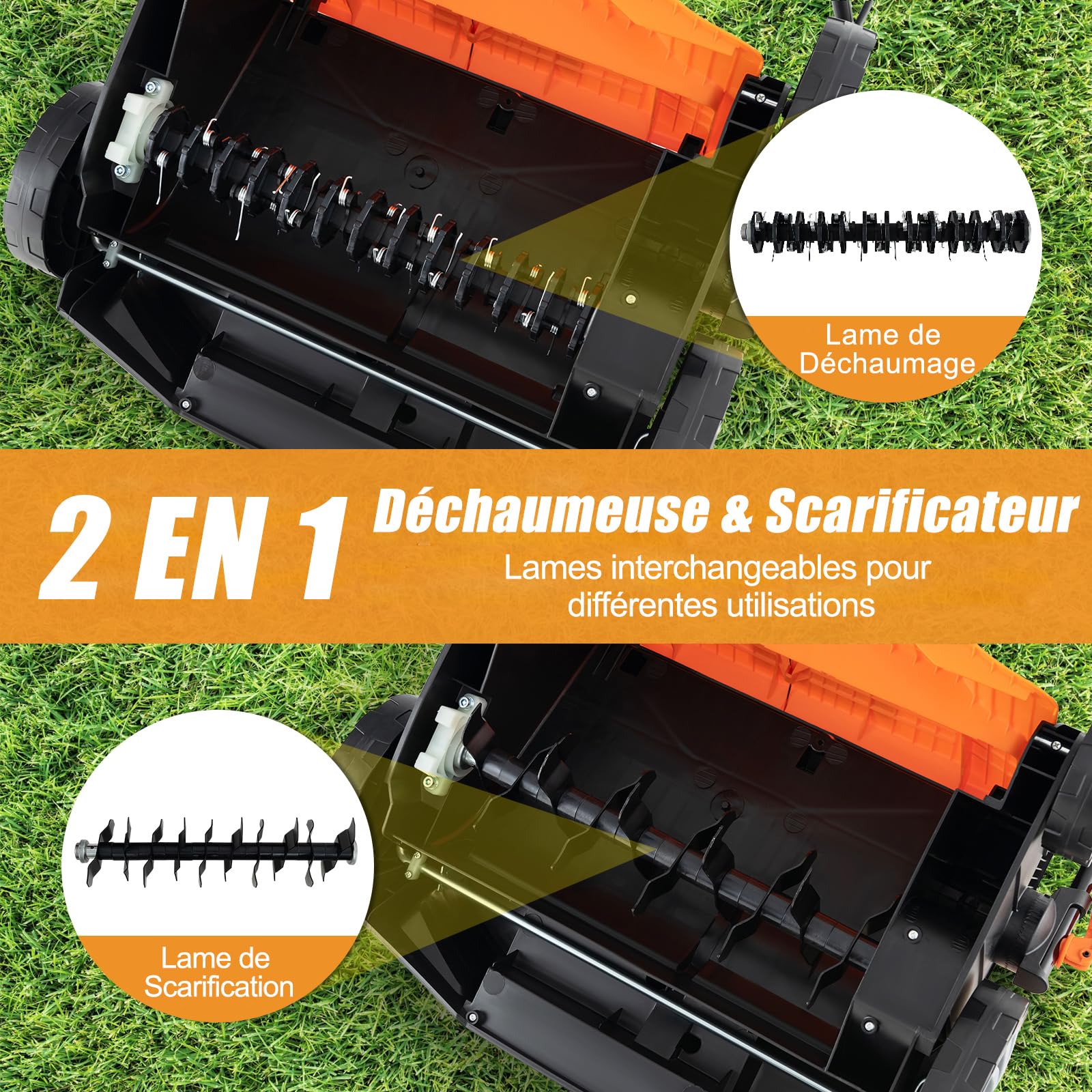 GOPLUS 2 en 1 Déchaumeuse Scarificateur Electrique 2000W, Largeur de Travail 40cm, 3500rpm, 5 Profondeurs Réglable, 3 Hauteurs Poignée, Sac 55L Amovible, Râteau Electrique Pliable Pelouse 800㎡(Orange)
