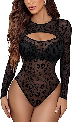 Avidlove Mesh Bodysuit for Women Long Sleeve Body Suit Sexy Tops Cut Out Leotard See Through Shirts Sheer Rave Outfits