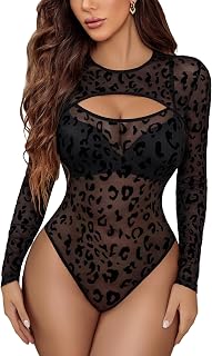 Avidlove Mesh Bodysuit for Women Long Sleeve Body Suit Sexy Tops Cut Out Leotard See Through Shirts Sheer Rave Outfits