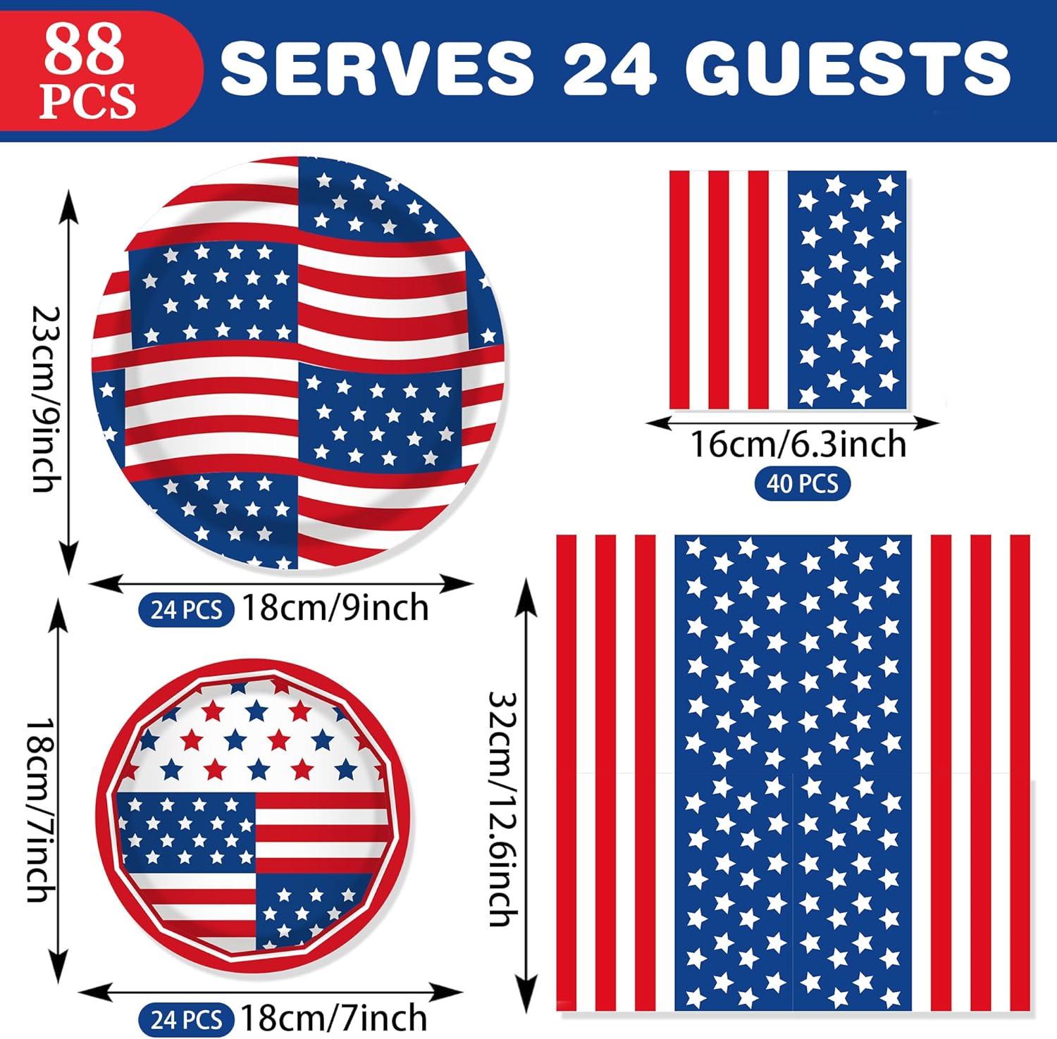 CC HOME American Flag 4th Of July Birthday Paper Plates Napkins National Day Disposable Tableware Set Party Supplies Election Day Theme Dinnerware Sets Serves 24 Guests for Party Plates Napkins 88PCS