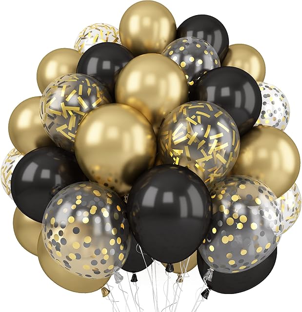 Balloons Black Gold, 60 Packs 12 Inch Metallic Chrome Gold Black Latex Balloons with Gold Confetti Balloon for Men Women Birthday Wedding Baby Shower Anniversary New Year NYE Decorations