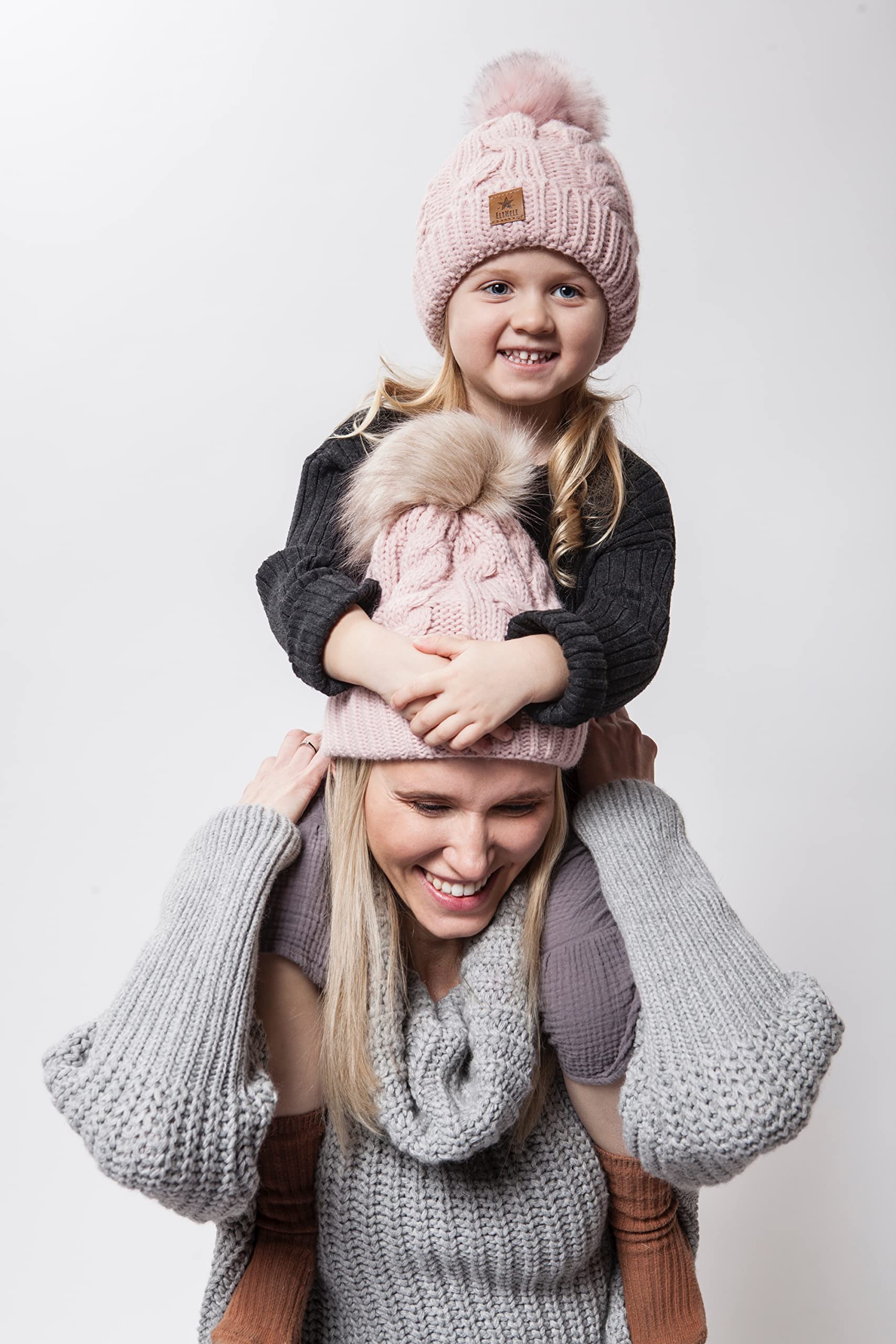 ELIMELI Eltern-Kind Mütze Mädchen Warme Wintermütze für Mutter und Tochter Mütze Damen Winter mit Kunstfell Bommel Slouch Strick Beanie Damen Bommelmütze Kinder Mama und Baby Cap Set 1