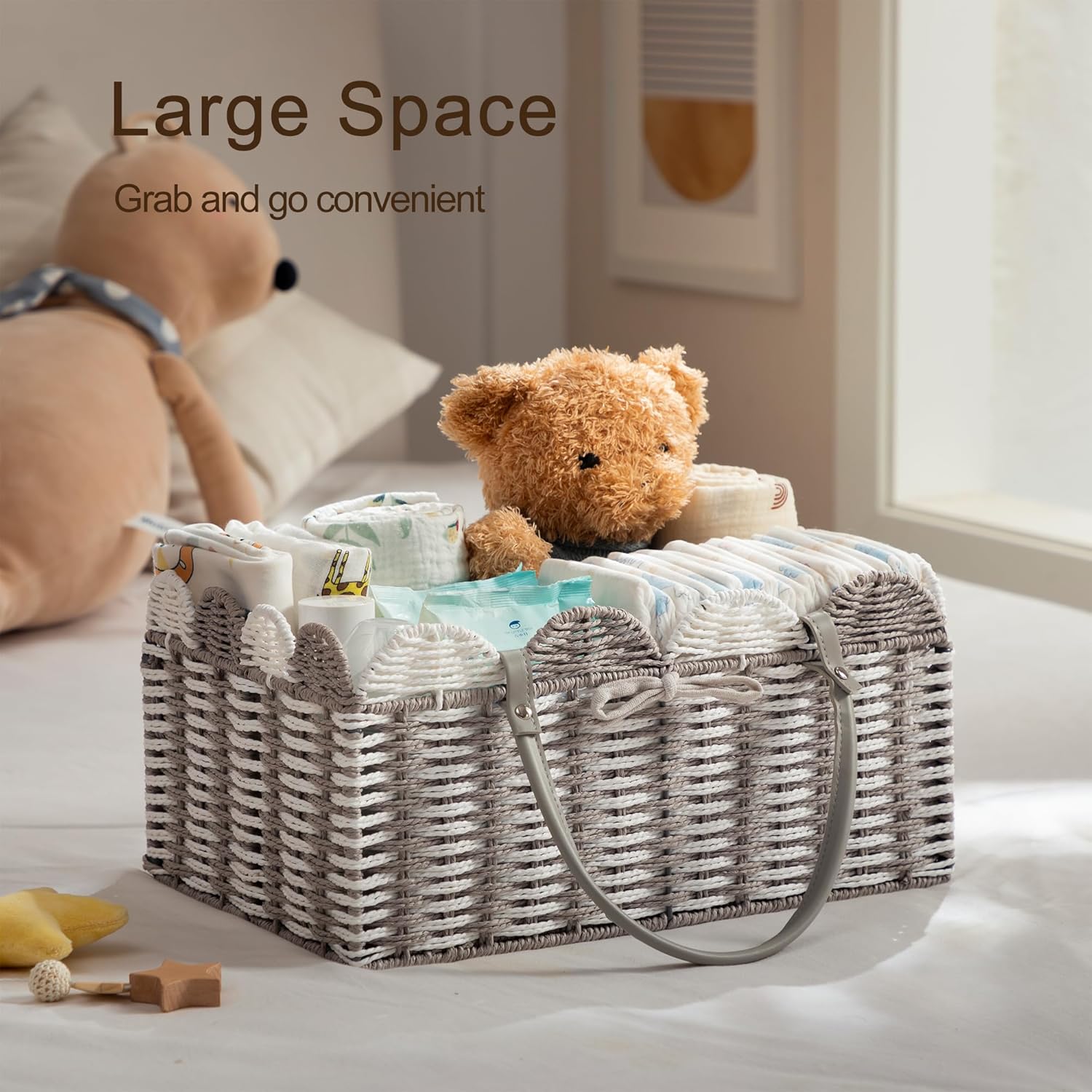 HBlife Large Baby Diaper Caddy, Paper Rope Storage Baskets Nursery Bin with Removable Divider, Portable Car Organizer for Diapers, Baby Shower Gifts, Newborn Essentials Must Haves