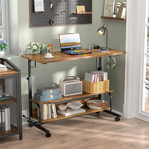 Miniatura 2 de Escritorio de pie ajustable de 39 pulgadas de altura con tomas de corriente, escritorio manual con ruedas, pequeño escritorio portátil para