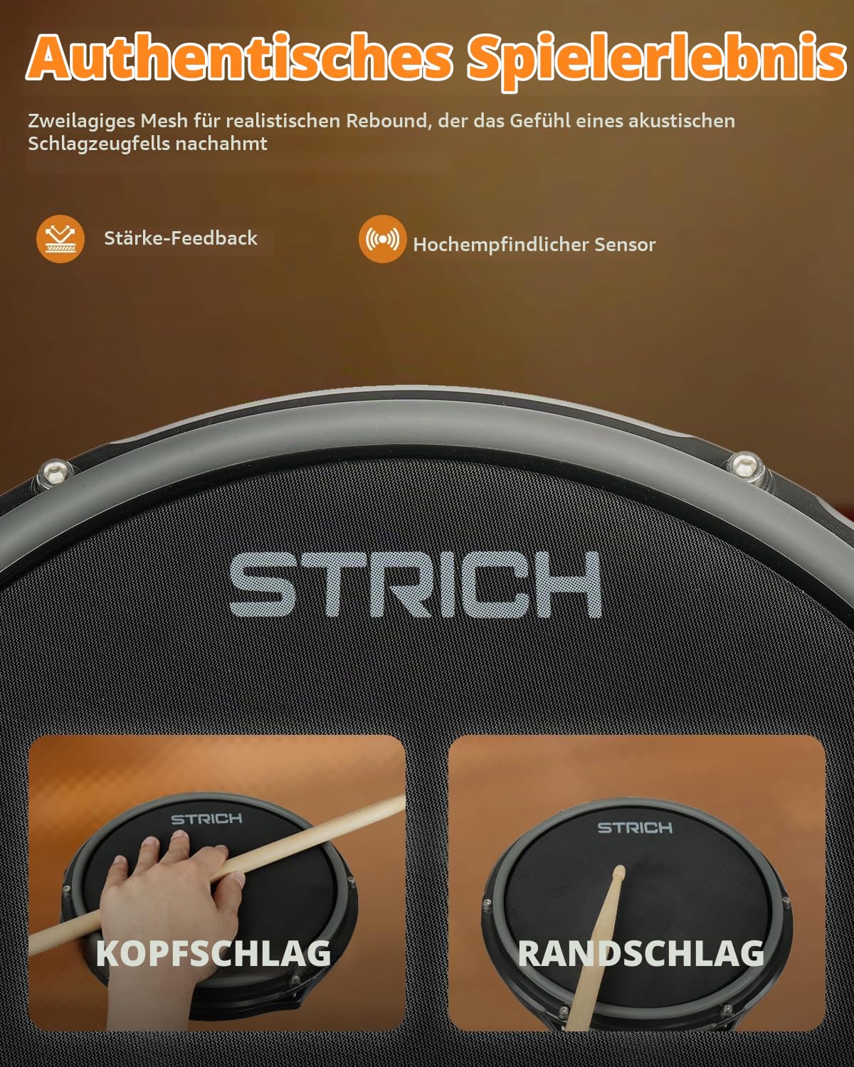 STRICH Elektronisches Schlagzeug E-Drum Set mit Mesh Heads, LED Drum Pads, USB MIDI, faltbares Electronic Drum Kit mit Drumhocker, Kopfhörer und Drum Matte für Anfänger & Home Practice, SED-T03