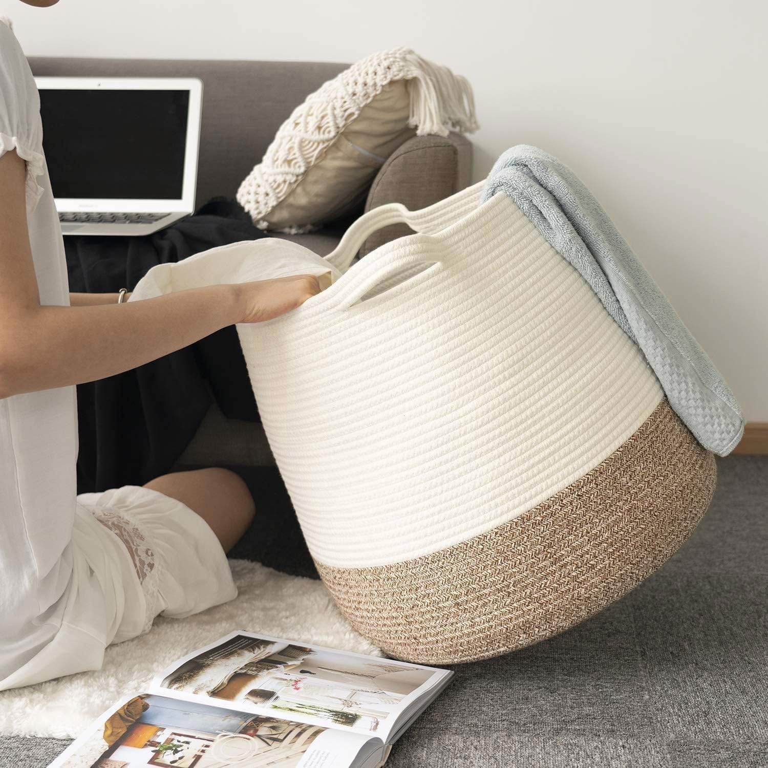 Goodpick Wicker Basket | 17.71" x 17.71”Boho Laundry Basket Storage Basket for Toys, Towels, Blankets Farmhouse Weave Rope Basket