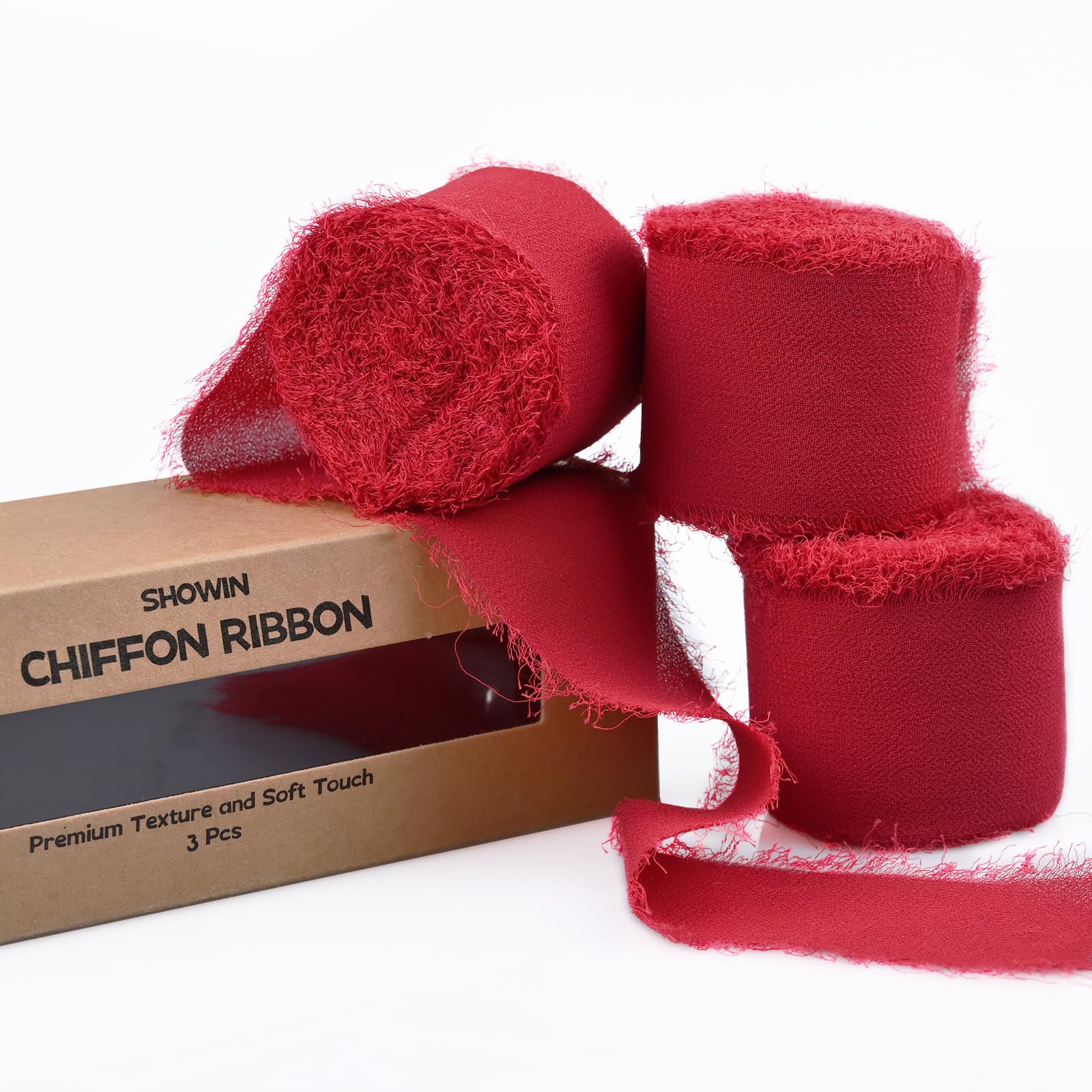 3 Rolls Red Handmade Fringe Chiffon Ribbon 1.5