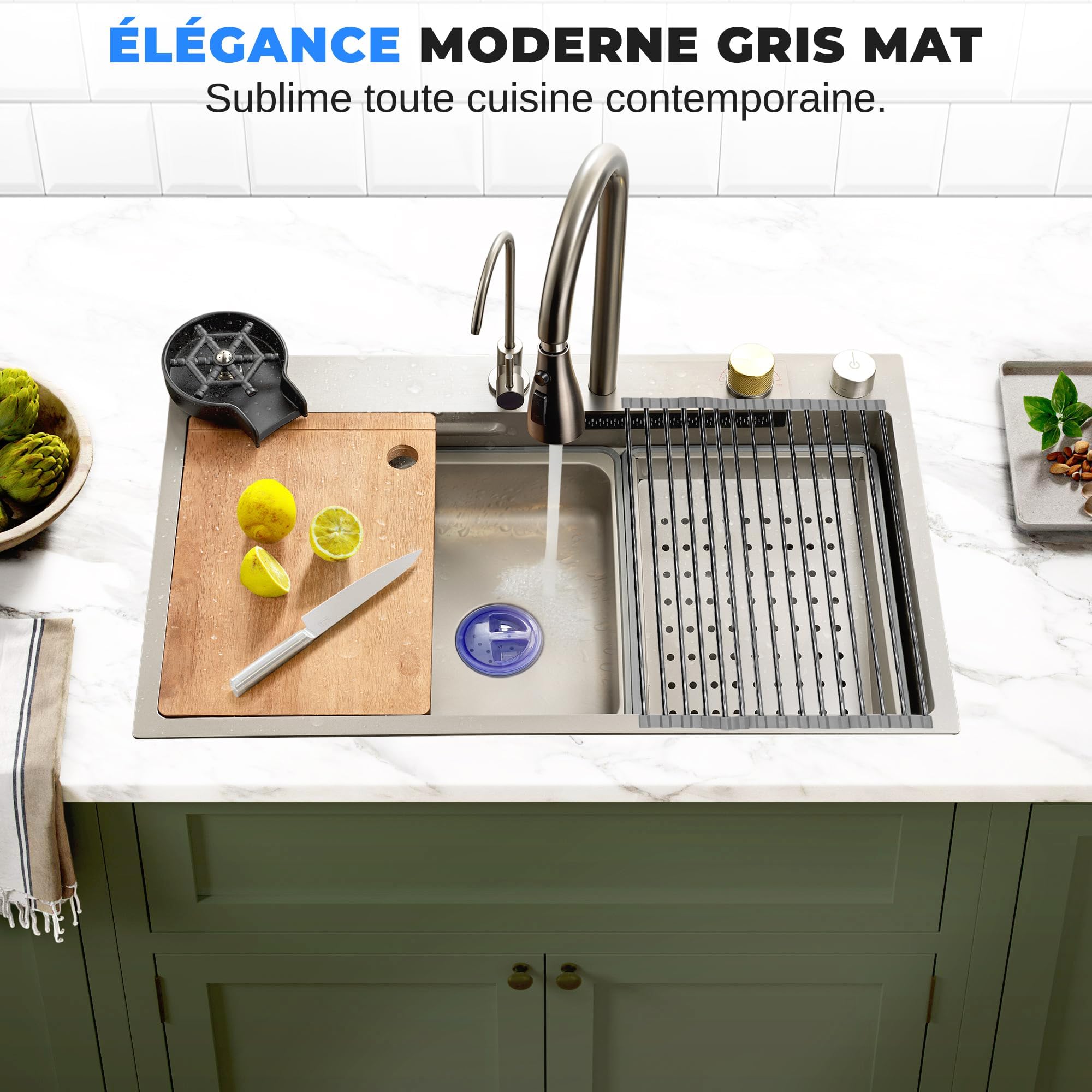 SereneLife Evier Cuisine 1 bac Inox 75 x 46 x 22cm – Evier Cuisine Multifonction avec Égouttoir – Lavabo Cuisine avec Cuve Profonde, Robinet et Lave-Tasses Intégrés, Planche à Découper, Design Moderne